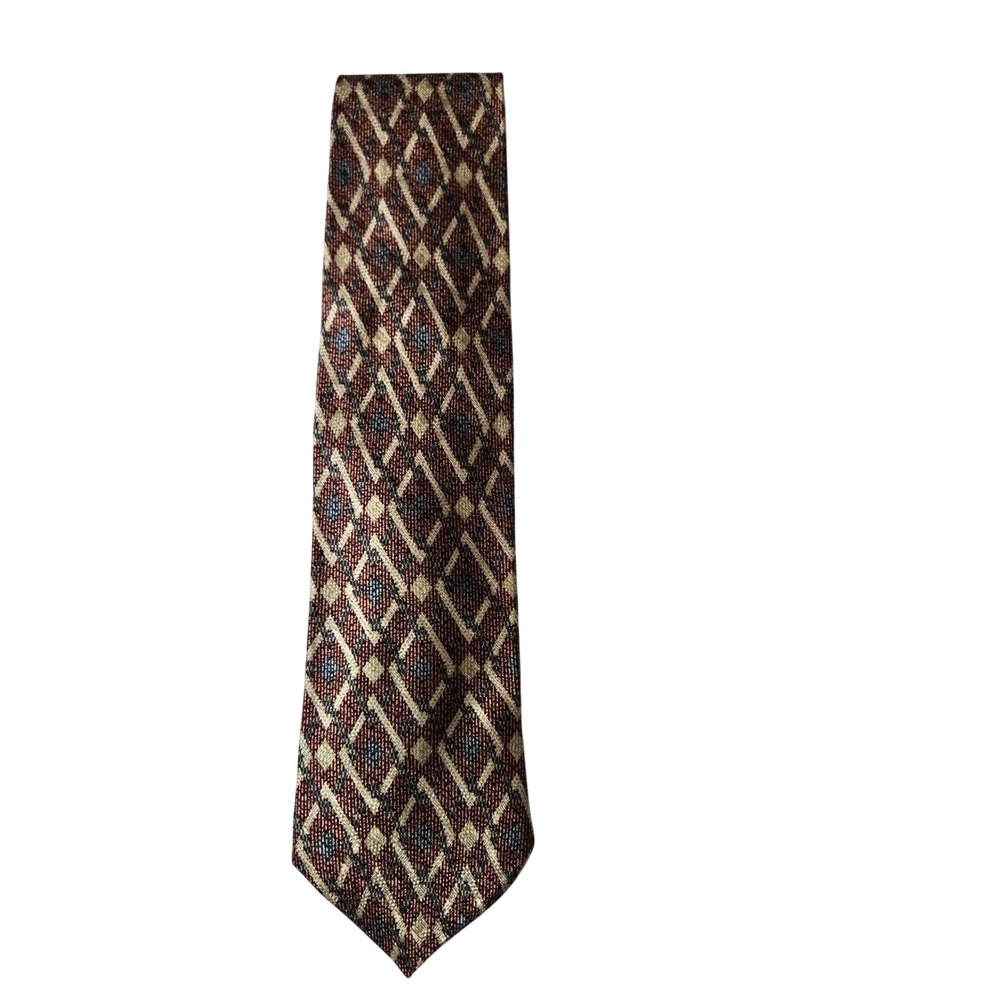 Haggar Clothing Co Mens Silk Tie Burgundy Gold Diamond Pattern Business Casual